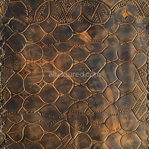 Seamless 3D embossed distressed brown leather PBR texture with intricate patterns and vintage wear