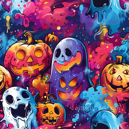 Seamless 3D PBR Graffiti Texture Featuring Vibrant Halloween Pumpkins and Ghosts texture preview