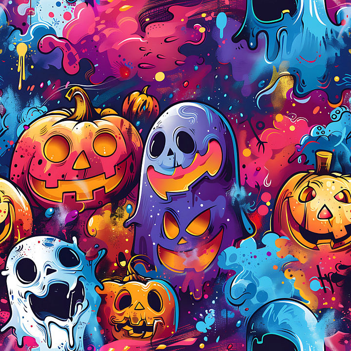 Graffiti Featuring Vibrant Halloween Pumpkins and Ghosts seamless PBR texture preview