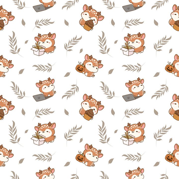 Pattern With Cute Cartoon Deer And Foliage Motif seamless PBR texture preview
