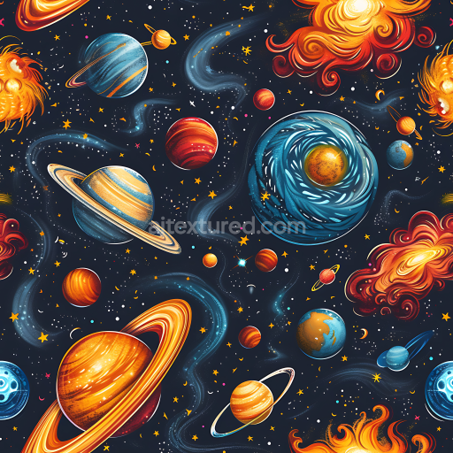 Seamless 3D Space PBR Texture with Vibrant Planets and Spiral Galaxy Swirls