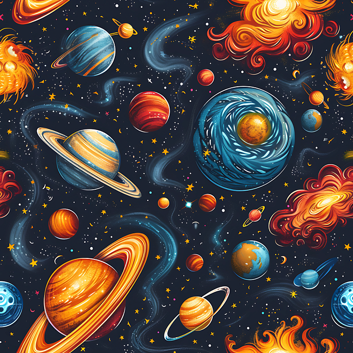 Space with Vibrant Planets and Spiral Galaxy Swirls seamless PBR texture preview