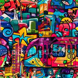 seamless Seamless 3D PBR Texture of Vibrant Urban Graffiti Mural with Cityscape and Subway Motifs texture 8k free download PBR