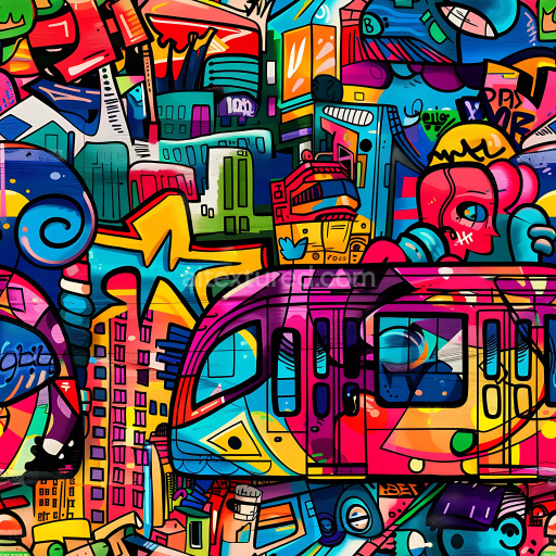 Seamless 3D PBR Texture of Vibrant Urban Graffiti Mural with Cityscape and Subway Motifs