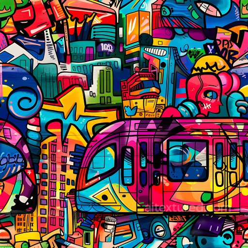 Seamless 3D PBR Texture of Vibrant Urban Graffiti Mural with Cityscape and Subway Motifs texture preview