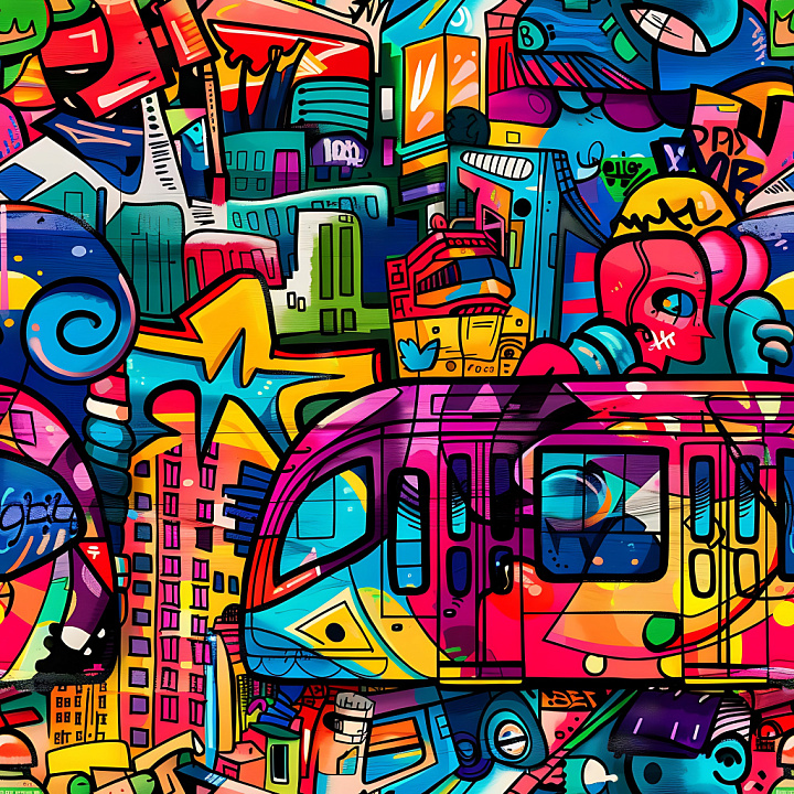 Vibrant Urban Graffiti Mural with Cityscape and Subway Motifs seamless PBR texture preview