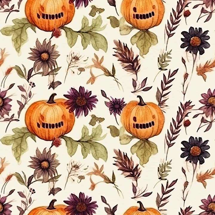 Vintage Halloween Pumpkins and Floral Pattern seamless PBR texture preview