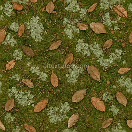 Seamless 3d texture pbr 8k of peat moss ground with lichen spots and organic debris