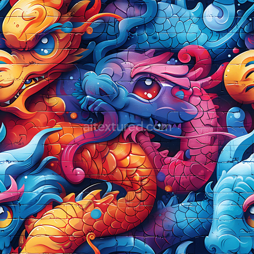 Seamless 3D PBR Texture Featuring Vibrant Dragon Graffiti in Bold Red and Blue