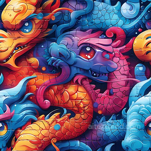 Seamless 3D PBR Texture Featuring Vibrant Dragon Graffiti in Bold Red and Blue texture preview