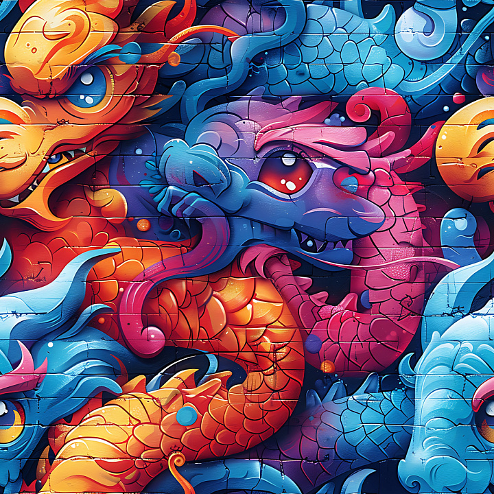 Featuring Vibrant Dragon Graffiti in Bold Red and Blue seamless PBR texture preview