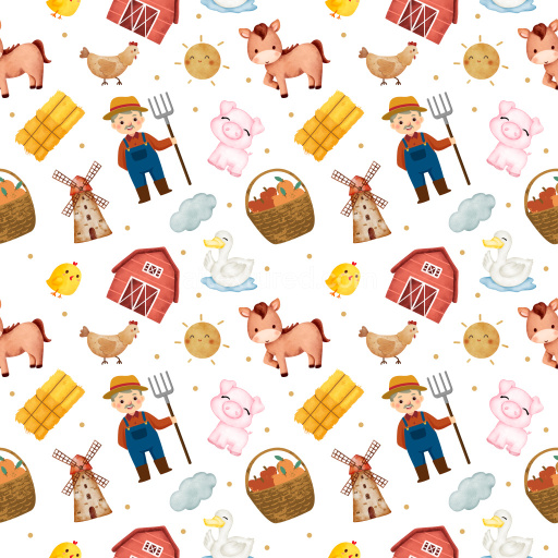 Pattern Bundle - Seamless 3D Pattern PBR Texture Featuring Watercolor Farm Animals and Rustic Motifs texture preview
