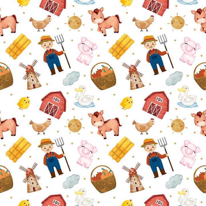 Pattern Featuring Watercolor Farm Animals and Rustic Motifs seamless PBR texture preview