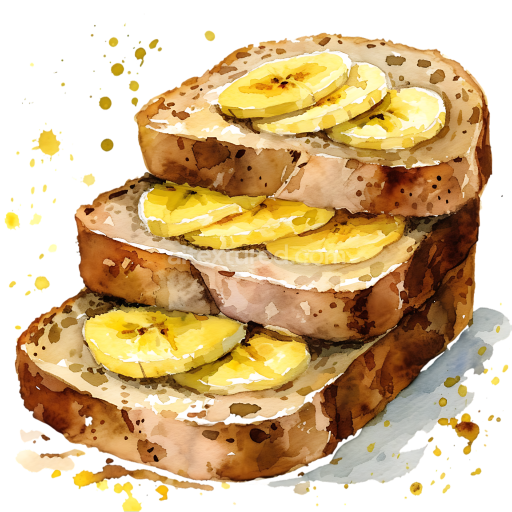 Watercolor Banana Bread Slices Breakfast Illustration with Banana Toppings