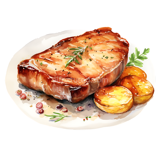 Breakfast Pork Loin Steak with Roasted Potatoes Watercolor PNG Graphic