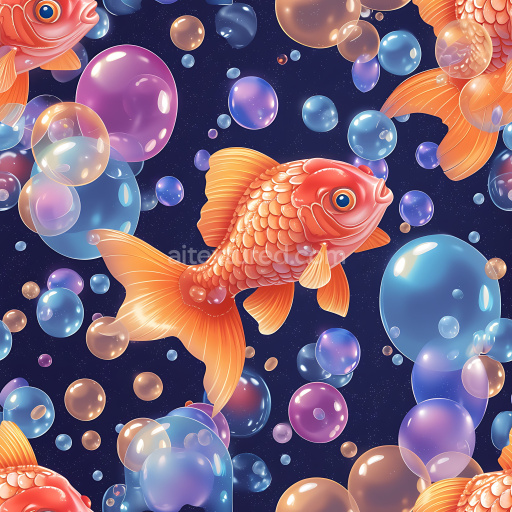 Seamless 3D Inflated Bubble Texture with Vibrant Goldfish and Glossy Orbs