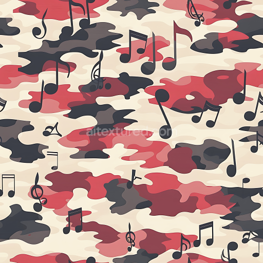 Seamless 3D Stylized Red Urban Camouflage PBR Texture with Musical Note Pattern
