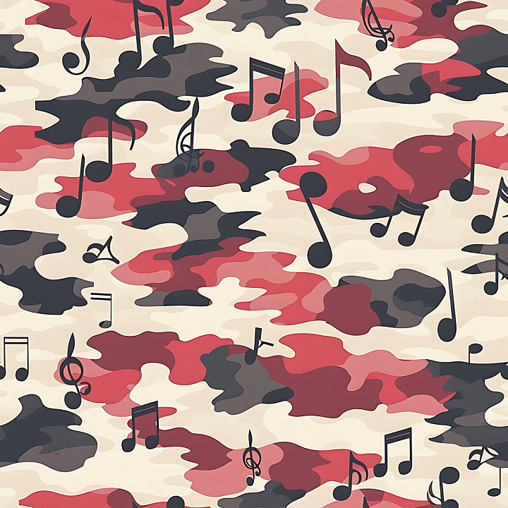 Stylized Red Urban Camouflage with Musical Note Pattern seamless PBR texture preview