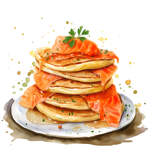 Watercolor Style Breakfast Stack: Blini Pancakes with Smoked Salmon and Herbs