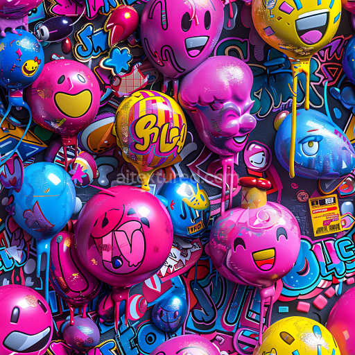 Seamless 3D PBR Texture Featuring Colorful Dripping Balloon Graffiti with Urban Sticker Style