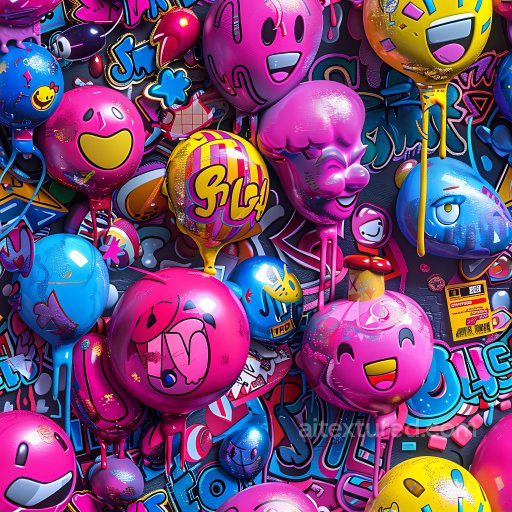 Seamless 3D PBR Texture Featuring Colorful Dripping Balloon Graffiti with Urban Sticker S… texture preview