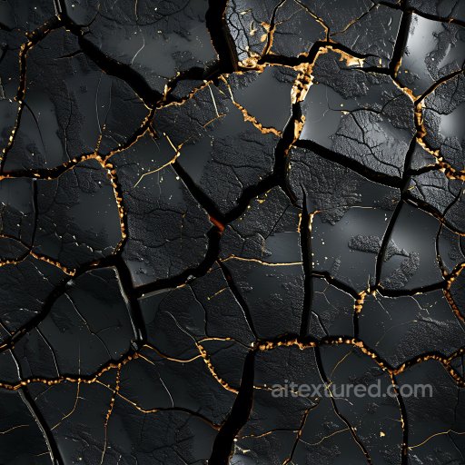 Cracked & Holes Texture of Cracked Charcoal-Like Surface with Golden Fissures seamless Cracked & Holes PBR texture