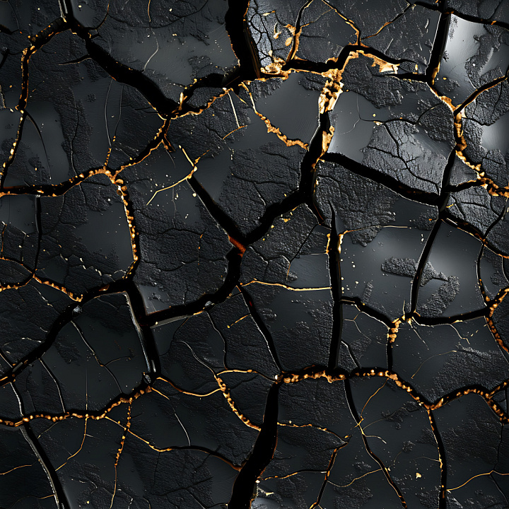 Cracked & Holes of Cracked Charcoal-Like Surface with Golden Fissures seamless PBR texture preview