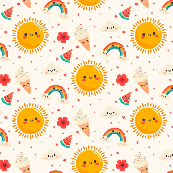 Cartoon Happy Face Pattern Seamless Texture with Sun, Rainbow, Ice Cream Happy Face pattern texture preview