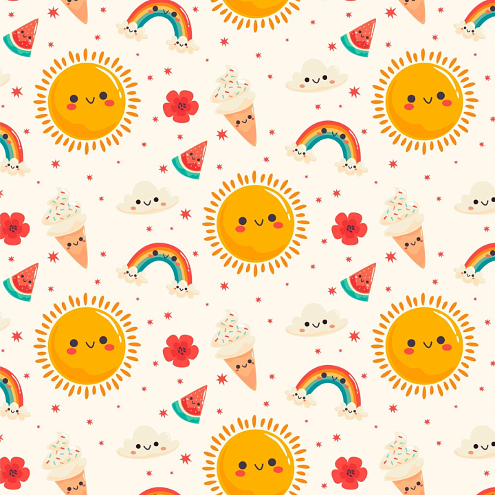 Cartoon Happy Face Pattern with Sun, Rainbow, Ice Cream seamless PBR texture preview