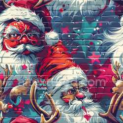 seamless Seamless 3D PBR texture featuring vibrant graffiti murals of Santa figures and stars on brick texture 8k free download PBR