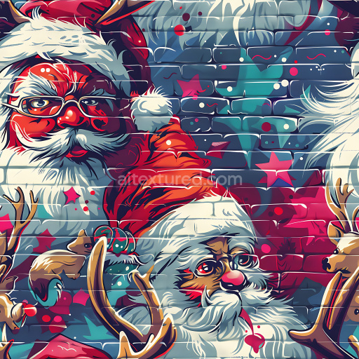 Seamless 3D PBR texture featuring vibrant graffiti murals of Santa figures and stars on brick
