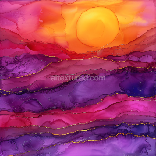 Seamless 3D Alcohol Ink PBR Texture Featuring Purple Layers and Golden Veined Sunset Swirls