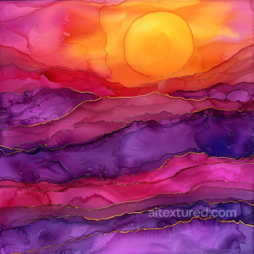 Alcohol Ink PBR Texture Featuring Purple Layers and Golden Veined Sunset Swirls seamless Alcohol ink PBR texture