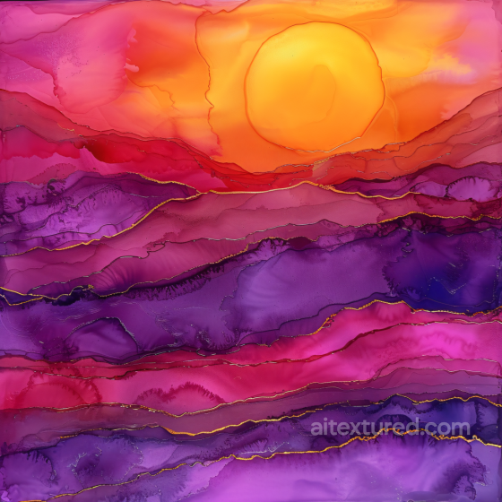 Alcohol Ink PBR Texture Featuring Purple Layers and Golden Veined Sunset Swirls Alcohol ink texture preview