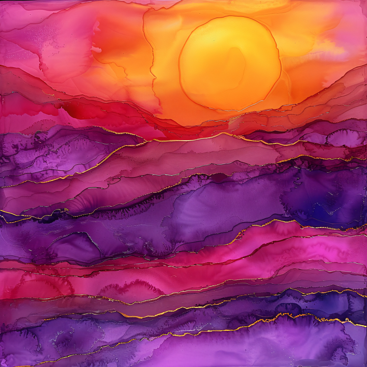 Alcohol Ink Featuring Purple Layers and Golden Veined Sunset Swirls seamless PBR texture preview
