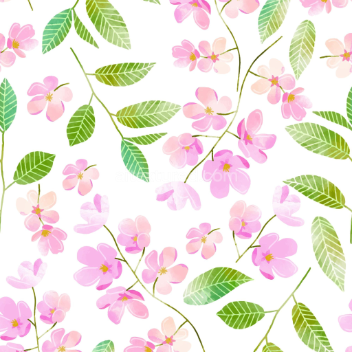Seamless 3D PBR Watercolor Cherry Floral Fabric Texture with Pink Blossoms and Green Leaves