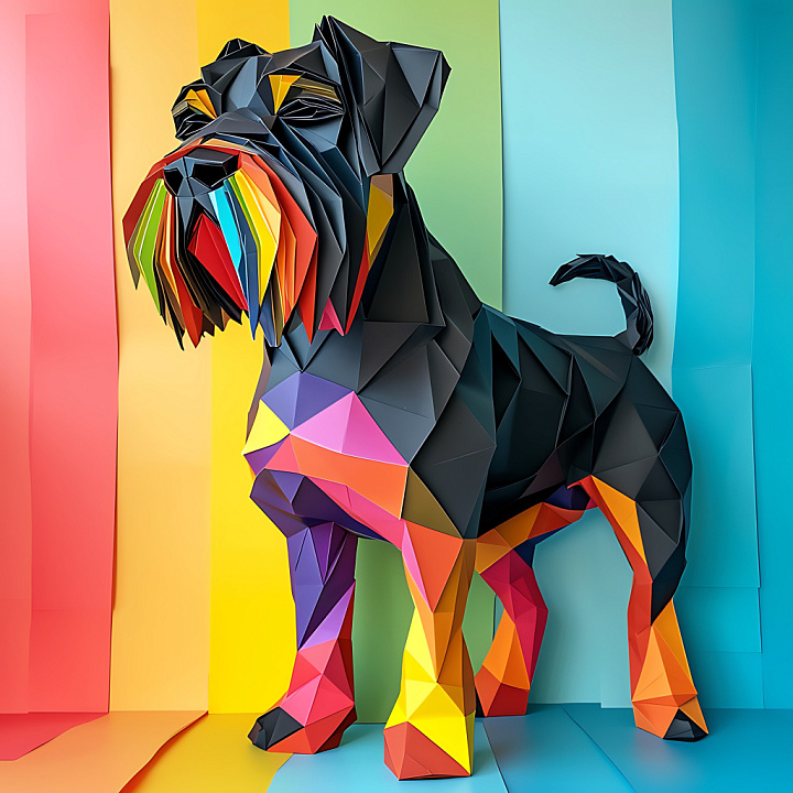 Animal of Black Russian Terrier in Origami Style with Multicolor Geomet… seamless PBR texture preview