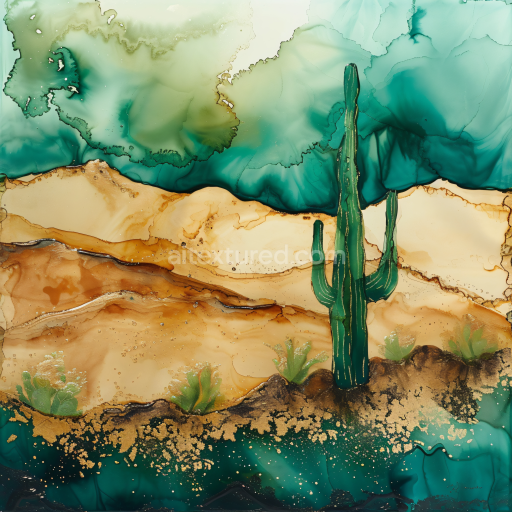 Seamless 3D Alcohol Ink PBR Texture with Desert Cactus and Turquoise Sand Dunes