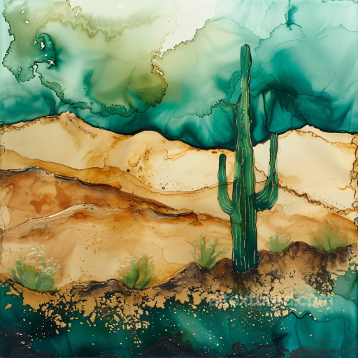 Alcohol Ink PBR Texture with Desert Cactus and Turquoise Sand Dunes seamless Alcohol ink PBR texture