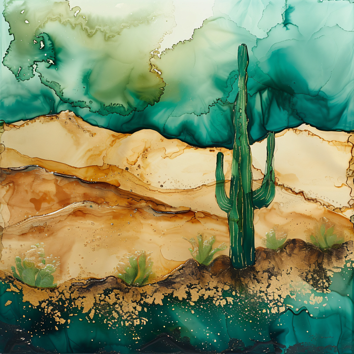 Alcohol Ink with Desert Cactus and Turquoise Sand Dunes seamless PBR texture preview