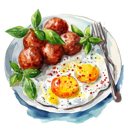 seamless Watercolor Breakfast Plate with Meatballs, Fried Eggs, and Fresh Basil texture 8k free download PBR