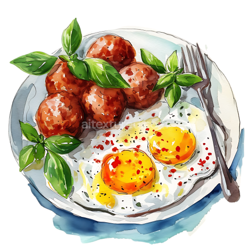 Watercolor Breakfast Plate with Meatballs, Fried Eggs, and Fresh Basil