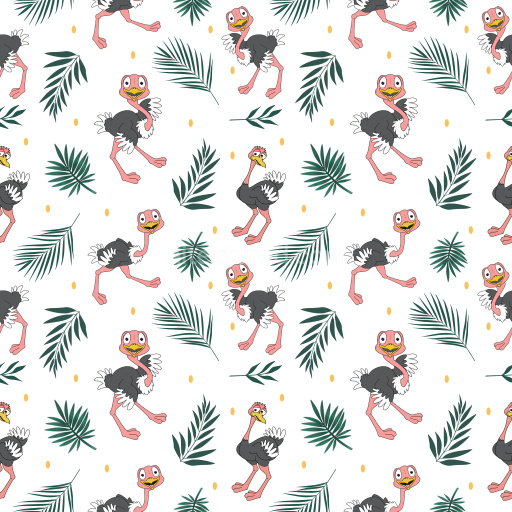 Pattern Bundle - Seamless 3D Pattern PBR Texture Featuring Playful Ostrich Motifs and Tropical Leaves texture preview