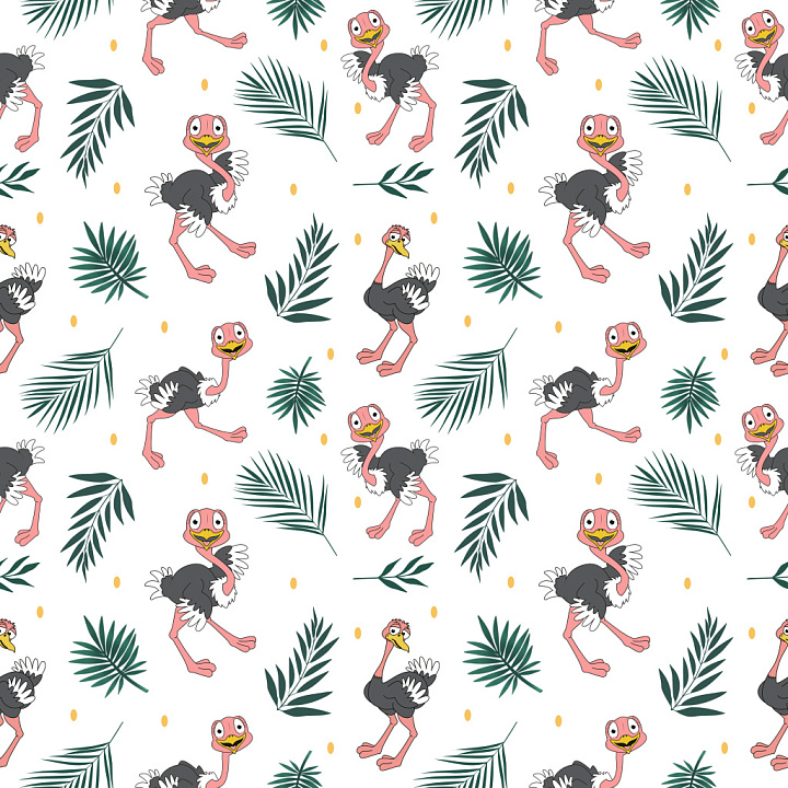 Pattern Featuring Playful Ostrich Motifs and Tropical Leaves seamless PBR texture preview