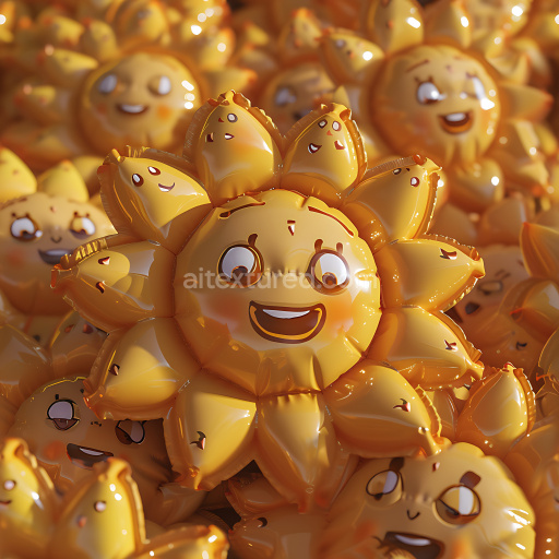 Seamless 3D Inflated PBR Texture Featuring Glossy Yellow Sun Balloons with Cute Faces