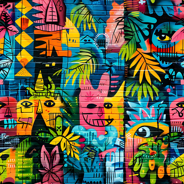 Colorful Abstract Graffiti on Brick Wall seamless PBR texture preview