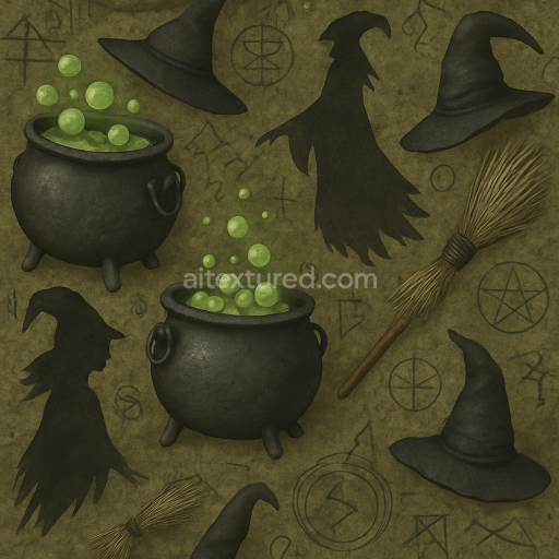 Seamless 3d texture pbr 8k witch potion residue with bubbling cauldron and arcane symbols