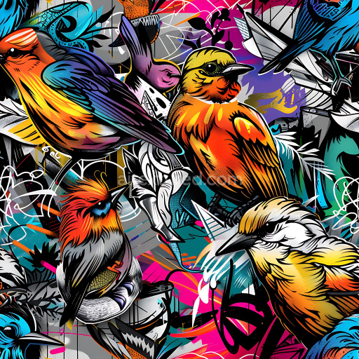 Seamless 3D PBR Graffiti Texture Featuring Vibrant Birds and Abstract Urban Street Art