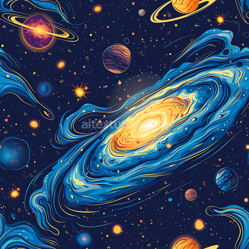 Seamless 3D Space PBR Texture Featuring Stylized Galaxy Clouds and Vibrant Cosmic Planets