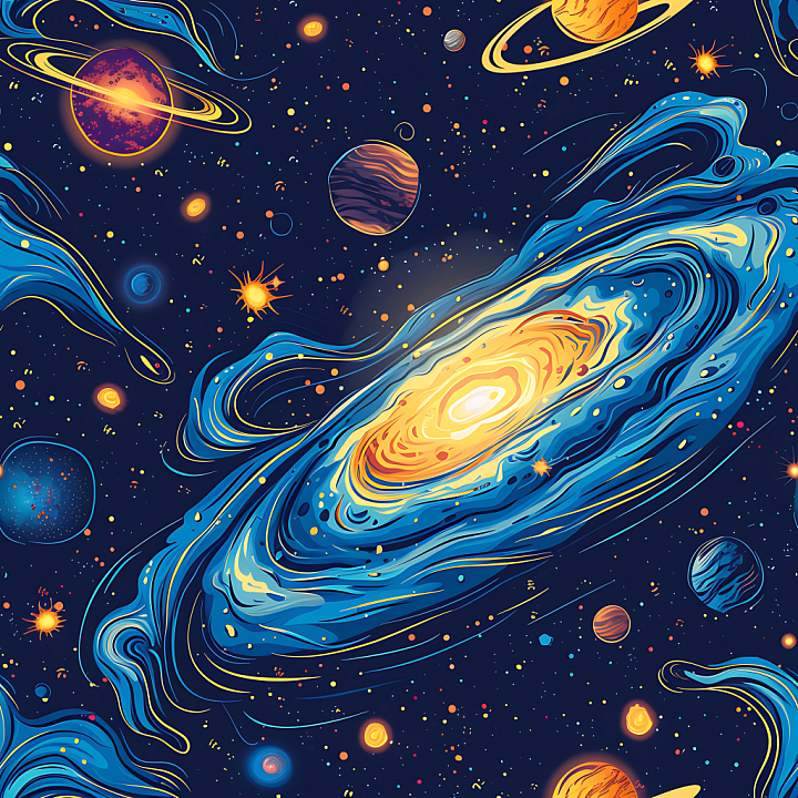Space Featuring Stylized Galaxy Clouds and Vibrant Cosmic Planets seamless PBR texture preview